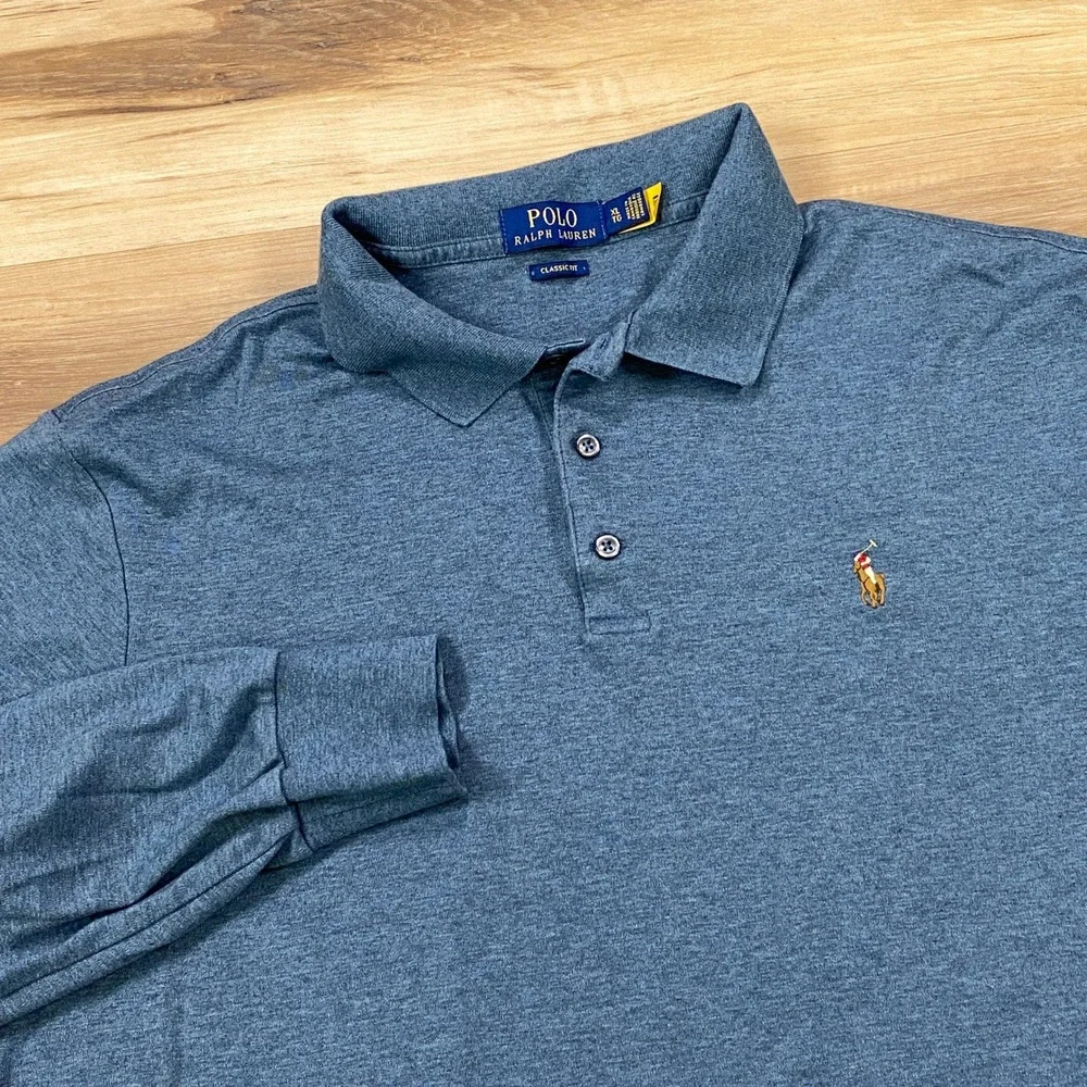 Polo Ralph Lauren Polo Men XL Classic Fit Cotton Heather Blue Heritage Casual